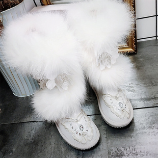 冬季独家设计狐狸毛高筒(毛高筒)真皮加厚保暖防滑雪地靴女靴女神棉靴