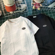 日系潮牌短袖t恤男夏季设计感小众青少年华夫格宽松五分袖上衣服