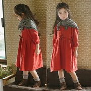 秋冬季童装女童韩版红色长袖，圆领双层纯棉连衣裙，中大儿童圣诞长裙