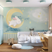 温馨月亮兔子墙布北欧儿童房墙纸男孩女孩卧室，壁纸幼儿园定制壁画