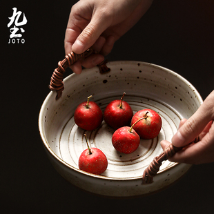 九土日式碗盘复古粗陶菜盘盘子，创意家用鱼盘陶瓷餐具水果盘圆深盘