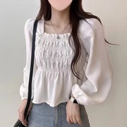韩国chic早春褶皱纹理气质方领收腰，洋气套头灯笼袖衬衫短款雪纺衫