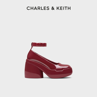 charles&keith春夏女鞋，ck1-60920314女士明星同款漆皮，粗高跟单鞋
