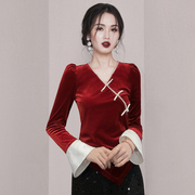 2024新中式国风红色丝绒上衣龙年本命年过年拜年打底衬衫女