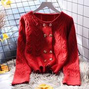红色麻花短款毛衣外套女宽松外穿春季2023韩版洋气针织衫开衫