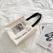 竖款黑白印花环保购物袋文艺，手提单肩，h电脑帆布包生日创意礼物女