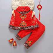 儿童唐装女童冬装，新年棉衣女宝宝0-1-2岁生日，礼服加厚中国风套装