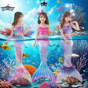 儿童美人鱼套装夏季游泳衣三件套女孩人鱼公主裙彩色美人鱼尾巴女