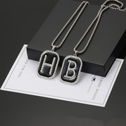 字母H吊坠项链B英文个性设计镶钻闪黑色滴油钛钢项链长款毛衣链女