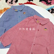 日系miki衬衫春秋儿童小熊刺绣，娃娃领格子泡泡袖长袖衬衣上衣开衫