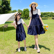 炸街母女装拼接假两件雪纺裙韩版亲子装夏季度假风夏装连衣裙
