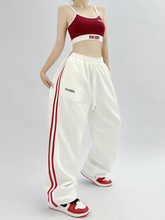 ROKBBK－K/布韩街舞hiphop运动裤红两条杠爵士舞jazz裤子女白长裤