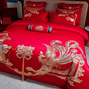 高档奢华龙凤刺绣酒红色四件套全棉被套纯棉床单结婚庆六件套床品