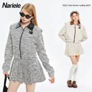 nariele美式宽松翻领夹克23年秋季外套，女百褶短裙，a字群辣妹套装