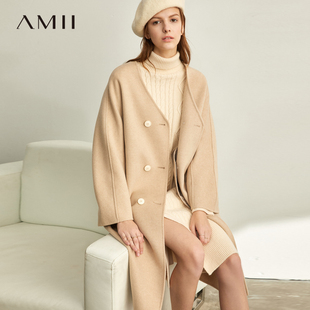 Amii极简法式V领双面毛呢外套2020冬季双排扣羊毛配腰带大衣