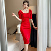 敬酒服礼服裙子平时可穿宴会夏季名媛方领气质修身红色连衣裙