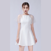 2021春夏优雅气质网纱波点拼接白色裙子高腰修身显瘦连衣裙女