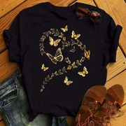Colorful Butterflies Print T Shirt 金色蝴蝶印花女士黑色T恤