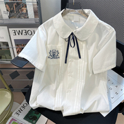 日系设计感系带娃娃领短袖衬衫上衣男女夏季宽松学院风jk制服衬衣