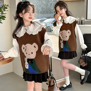 女童衬衫套装2024春季儿童娃娃领中大童韩版卡通上毛衣两件套
