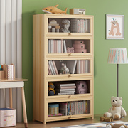 现代简约实木书柜带玻璃门防尘书架，置物架子落地家用儿童书橱松木