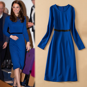 欧洲站春秋季时尚职业裙凯特王妃同款高端女装气质修身蓝色连衣裙