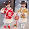 加绒加厚女童外套2023冬季过年中国风元旦女拜年服红色旗袍裙