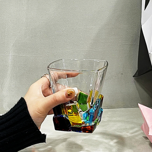 ins个性创意blingbling手工，彩绘方块水晶玻璃杯威士忌，杯果汁水杯