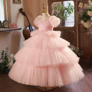 九岁儿童生日公主蛋糕裙绑带小伴娘红毯女孩，唱歌钢琴比赛豪华礼服