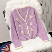 紫色花朵毛衣外套女2022早春秋季温柔甜美可爱针织开衫短款上衣
