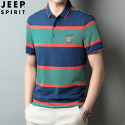 jeep吉普短袖t恤男夏季纯棉条纹，t休闲宽松翻领，商务polo衫上衣