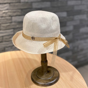 帽子女英伦复古春夏季盆帽气质，优雅亚麻纱透气遮阳帽大檐卷边礼帽