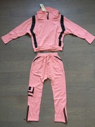 品牌粉色棉质长袖，长裤套装pu拼接拼皮蝙蝠衫，垮裤休闲舒适