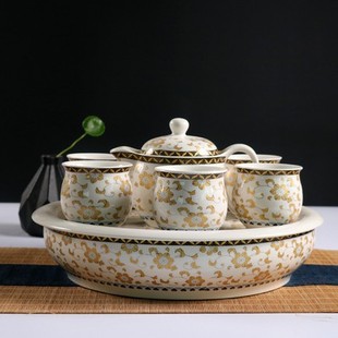 青花瓷双层茶具套装家用简易圆形储水陶瓷茶盘茶台大号防烫茶杯