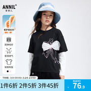安奈儿童装女童t恤2024春假两件蝴蝶结弹力，可爱简约甜美长袖
