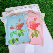 女童短袖t恤中大童，圆领花朵印花蕾丝袖口甜美可爱短袖t恤100-150