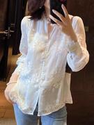 白色衬衫女长袖2024夏季国风刺绣V领雪纺衫设计感别致娃娃衫