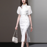夏季女装2024气质白色灯笼袖，衬衫衬衣包臀裙长裙裙子套装