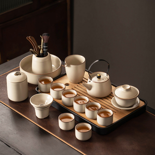 米黄汝窑功夫茶具套装家用陶瓷，茶壶盖碗茶杯茶盘，轻奢高档喝茶中式