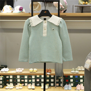 小云朵moimoln韩国童装24春季女童T恤翻领绿色条纹上衣