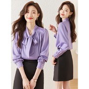 高级感紫色衬衫女2023秋季职业装雪纺上衣小个子气质长袖衬衣