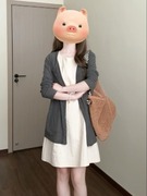 大码胖mm韩系气质套装裙女初秋长袖针织开衫遮肉背心连衣裙两件套