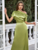 欧美绿色优雅气质，不对称斜肩单肩短袖修身中长连衣裙聚会礼服