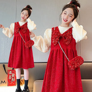 女童红色连衣裙2024新年秋冬款加绒公主背心，裙子套装过年衣服战袍