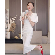 新中式国风泡泡袖修身别致洋气质高级感御姐性感绝美白色连衣长裙
