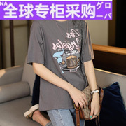 日本FH纯棉T恤女夏短袖2020时尚蕾丝拼接宽松印花灰色上衣潮