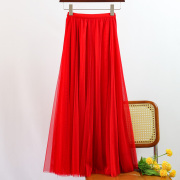 网纱半身裙中长款黑色高腰720度大摆红色百褶垂感纱裙显瘦长裙子