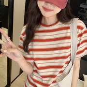 红色条纹t恤女撞色显瘦上衣，夏季韩系复古学院风chic大码棉质短袖