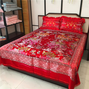 结婚百子图床单床罩大红色，加厚杭州丝绸缎枕套，中国风婚庆用品床盖