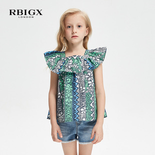 RBIGX瑞比克童装上衣方领荷叶边百搭飞袖设计感潮夏装短袖女